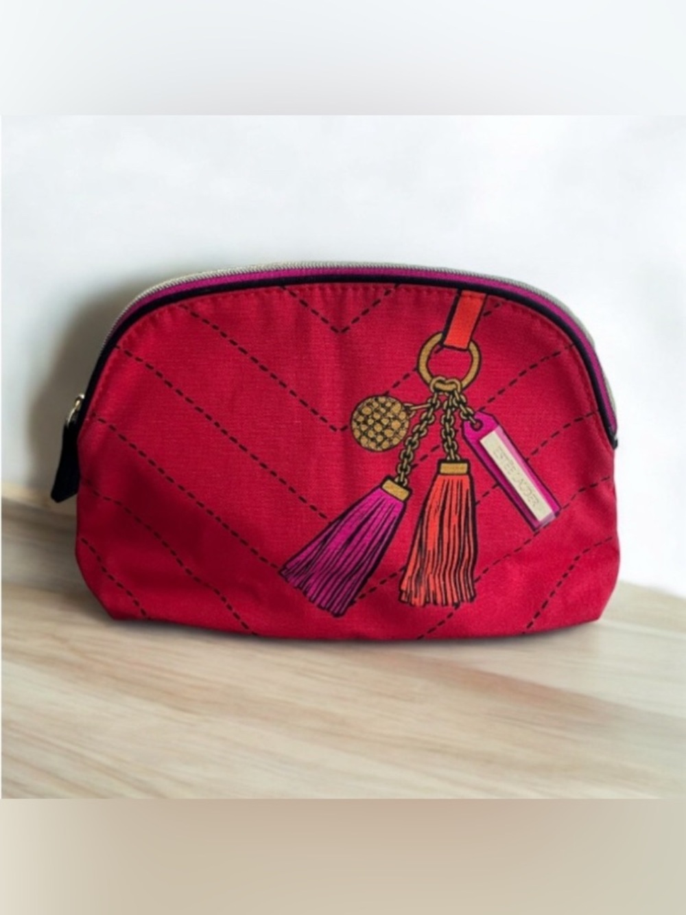 NEW Estée Lauder Red Makeup Cosmetic Bag Keychain Tassel Print Canvas Barbiecore